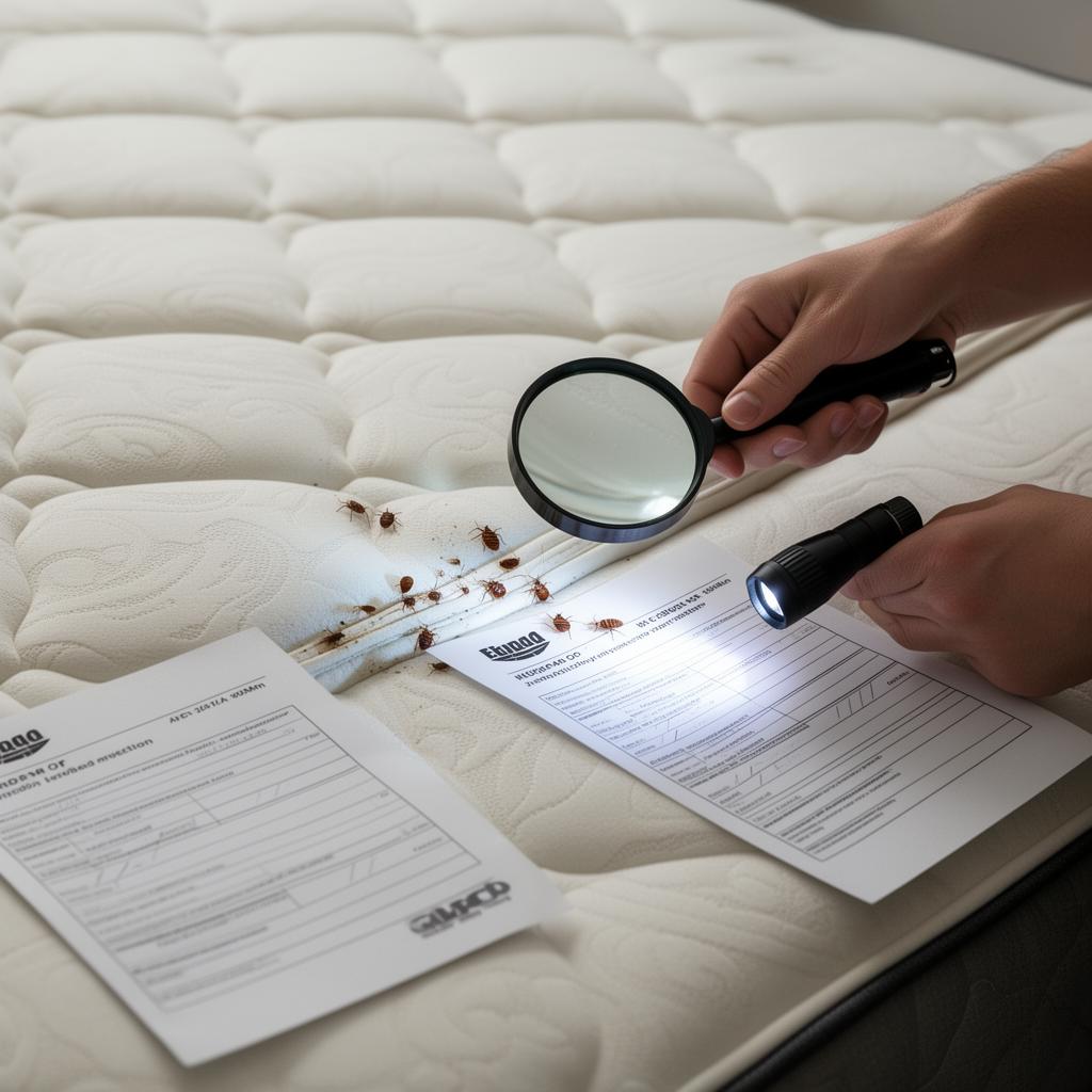 Bed bug inspection with magnifying glass on mattress — identification guide
