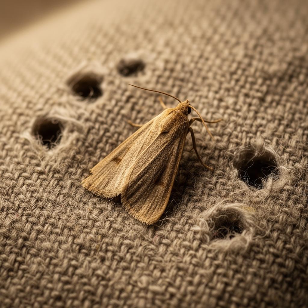 Clothes moth on woollen fabric with holes — moth prevention guide