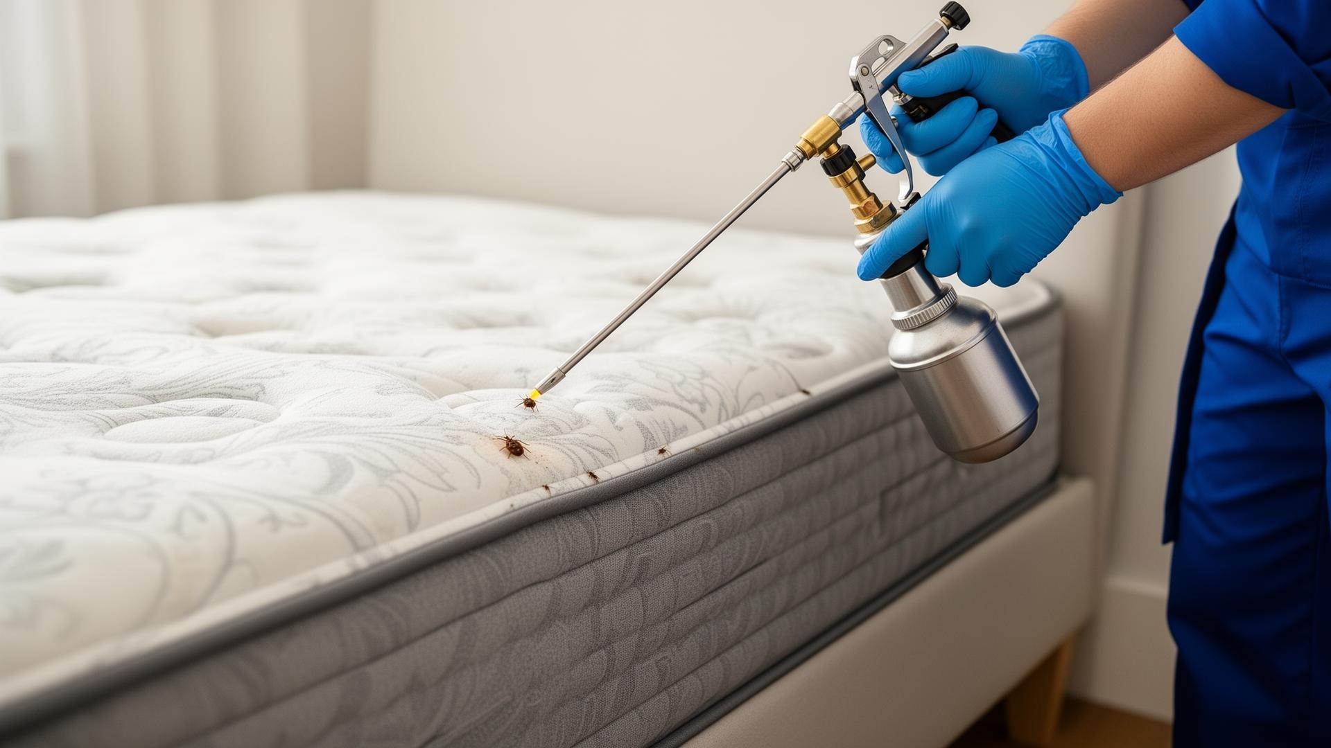 Professional bed bug spray treatment being applied to a mattress using specialist pump equipment